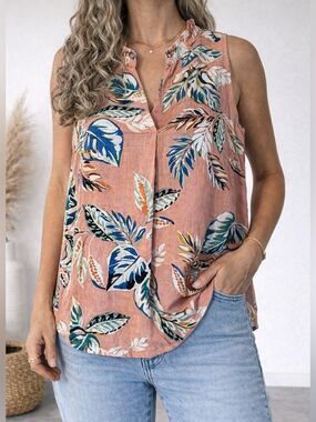 Van Heusen Tropical Print Sleeveless Swing Tank Curved Hem Peach Size M